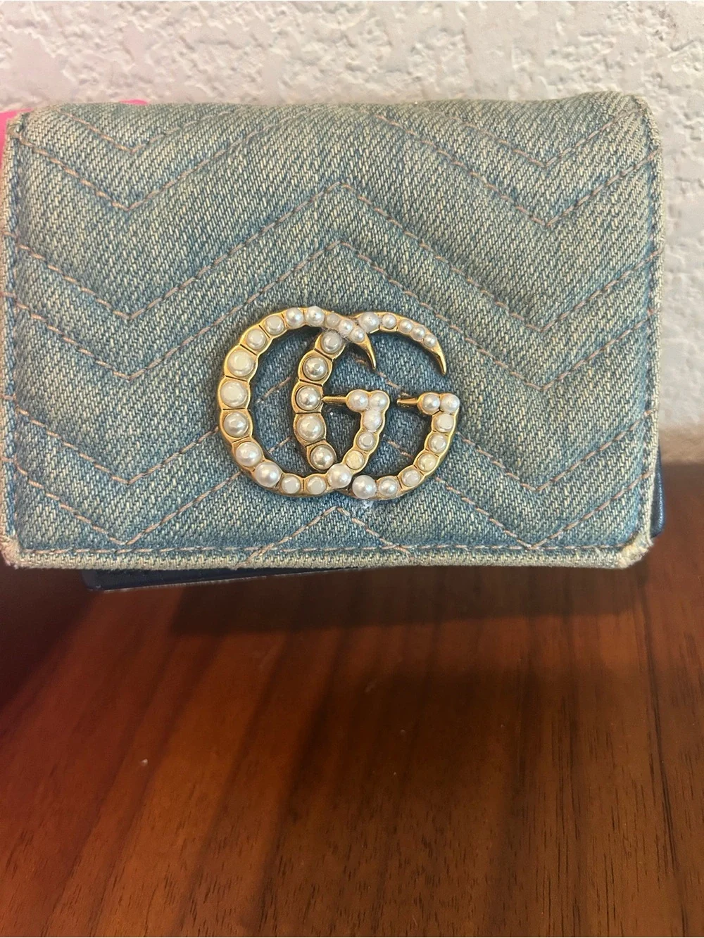 Gucci Denim Wallet with Pearl Double G - Light Blue